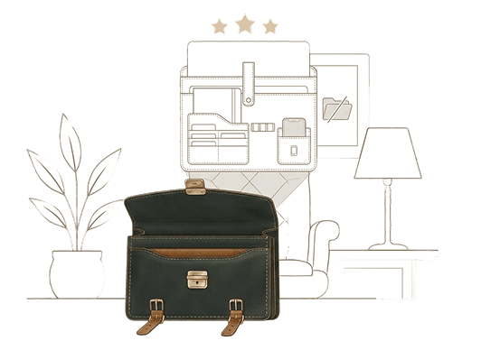 Open leather briefcase with office essentials illustration